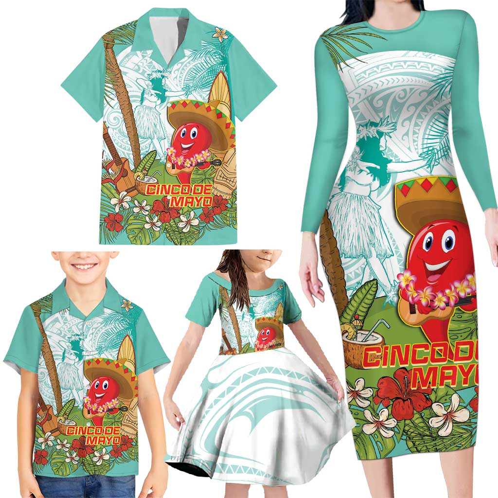 Hawaii Cinco de Mayo Family Matching Long Sleeve Bodycon Dress and Hawaiian Shirt Chili Pepper Hula Girl Tropical Vibes