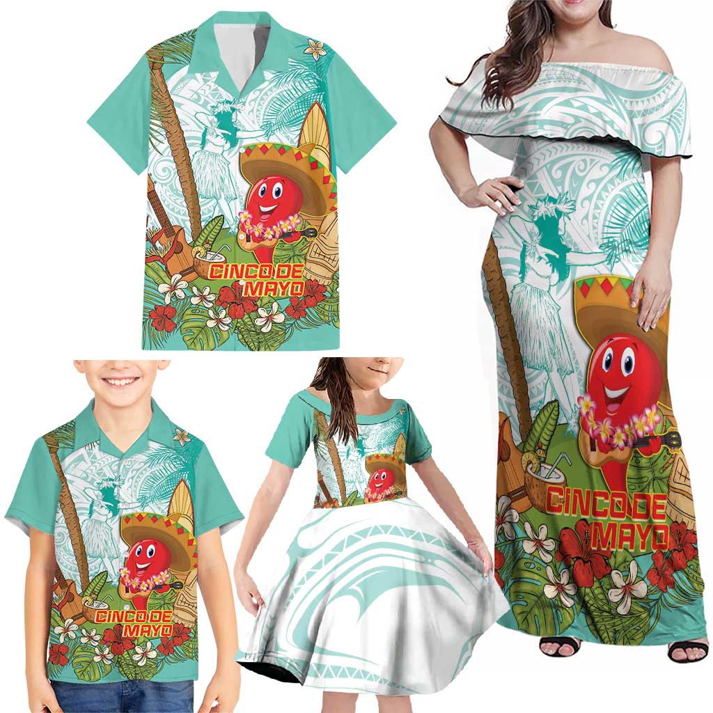 Hawaii Cinco de Mayo Family Matching Off Shoulder Maxi Dress and Hawaiian Shirt Chili Pepper Hula Girl Tropical Vibes