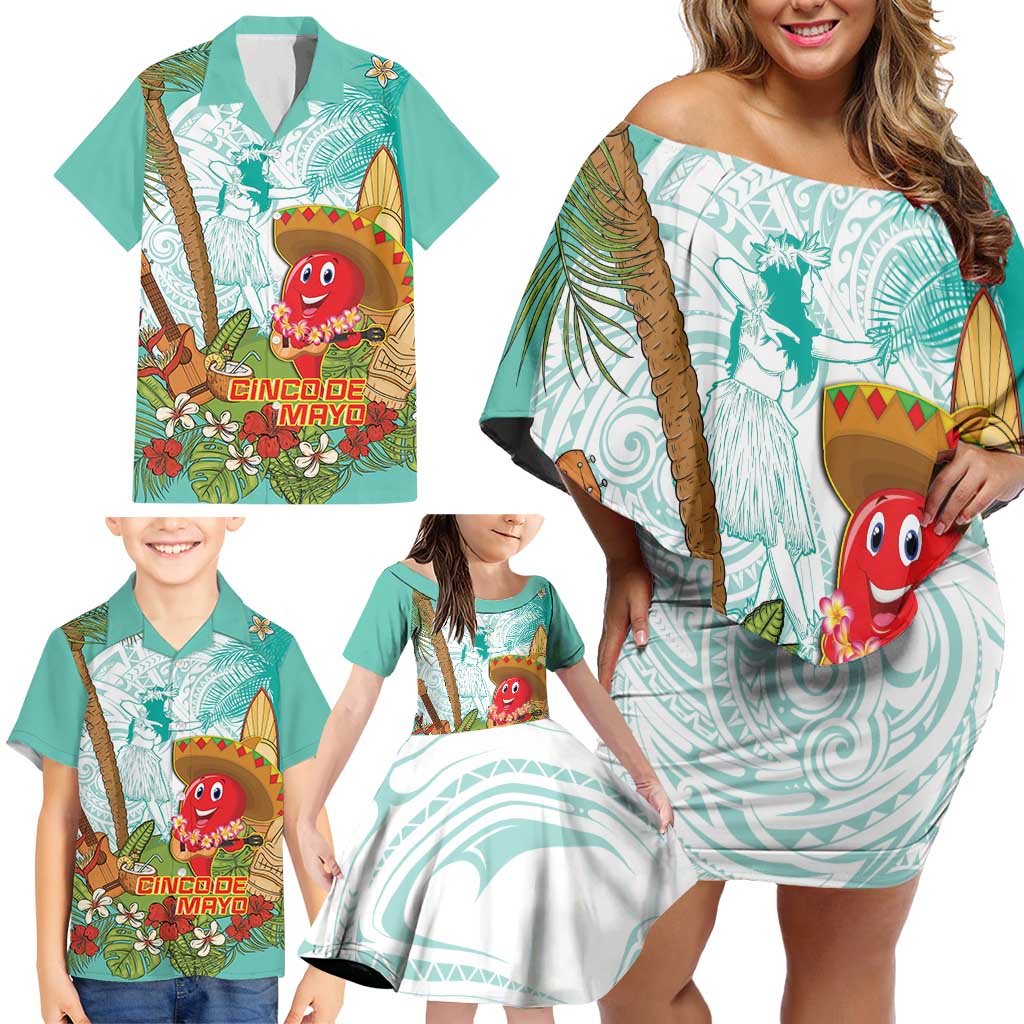 Hawaii Cinco de Mayo Family Matching Off Shoulder Short Dress and Hawaiian Shirt Chili Pepper Hula Girl Tropical Vibes