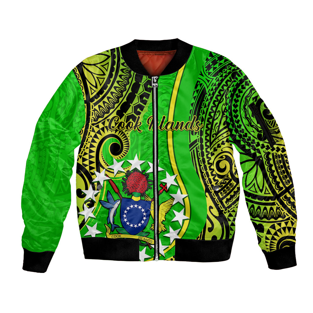 Polynesian Pride Cook Islands Sleeve Zip Bomber Jacket Kuki Airani Coat Of Arms LT14 Unisex Green - Polynesian Pride