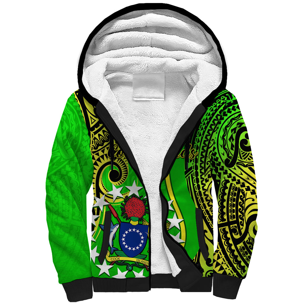 Personalised Cook Islands Sherpa Hoodie Kuki Airani Coat Of Arms LT14 Unisex Green - Polynesian Pride