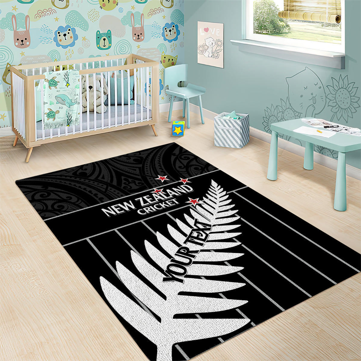Custom New Zealand Silver Fern Cricket Area Rug Aotearoa Maori Go Black Cap
