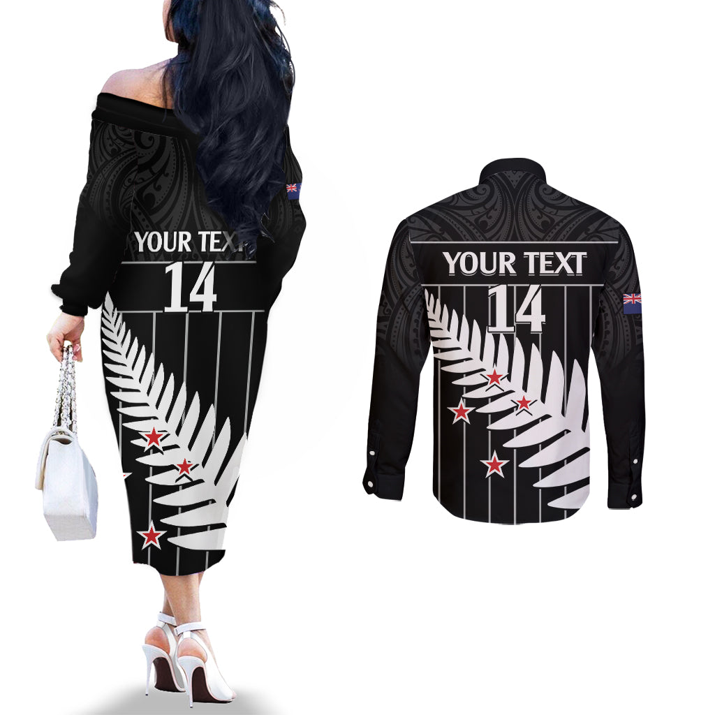 Custom New Zealand Silver Fern Cricket Couples Matching Off The Shoulder Long Sleeve Dress and Long Sleeve Button Shirt Aotearoa Maori Go Black Cap