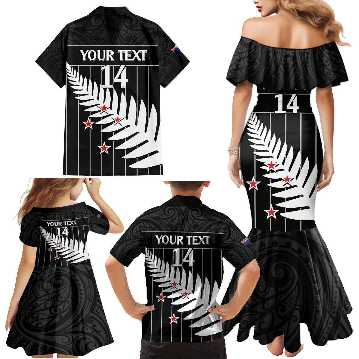 Custom New Zealand Silver Fern Cricket Family Matching Mermaid Dress and Hawaiian Shirt Aotearoa Maori Go Black Cap
