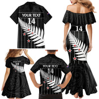 Custom New Zealand Silver Fern Cricket Family Matching Mermaid Dress and Hawaiian Shirt Aotearoa Maori Go Black Cap