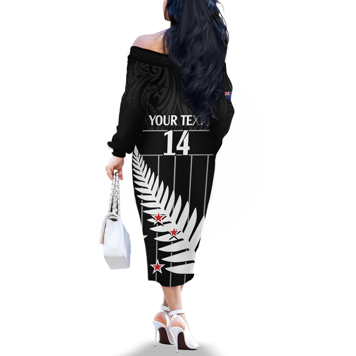 Custom New Zealand Silver Fern Cricket Family Matching Off The Shoulder Long Sleeve Dress and Hawaiian Shirt Aotearoa Maori Go Black Cap