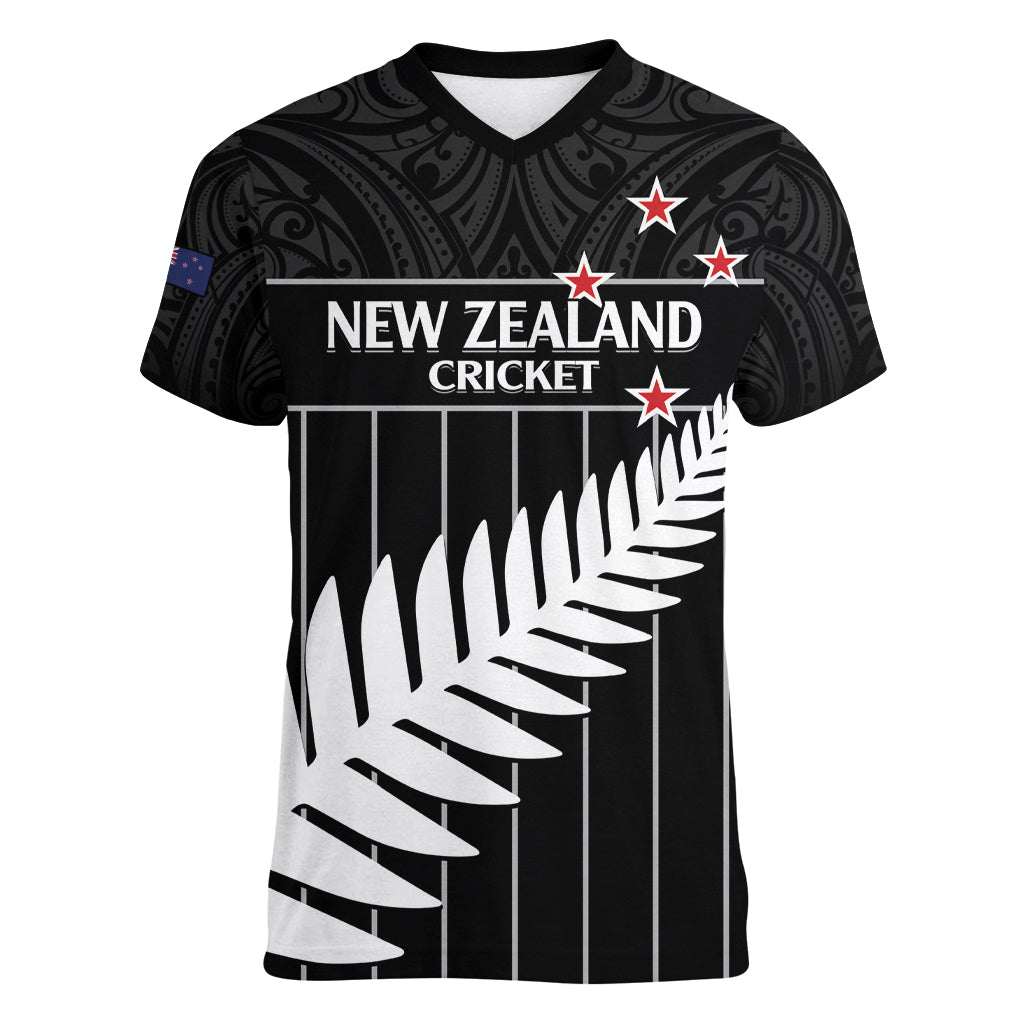 Custom New Zealand Silver Fern Cricket Women V-Neck T-Shirt Aotearoa Maori Go Black Cap