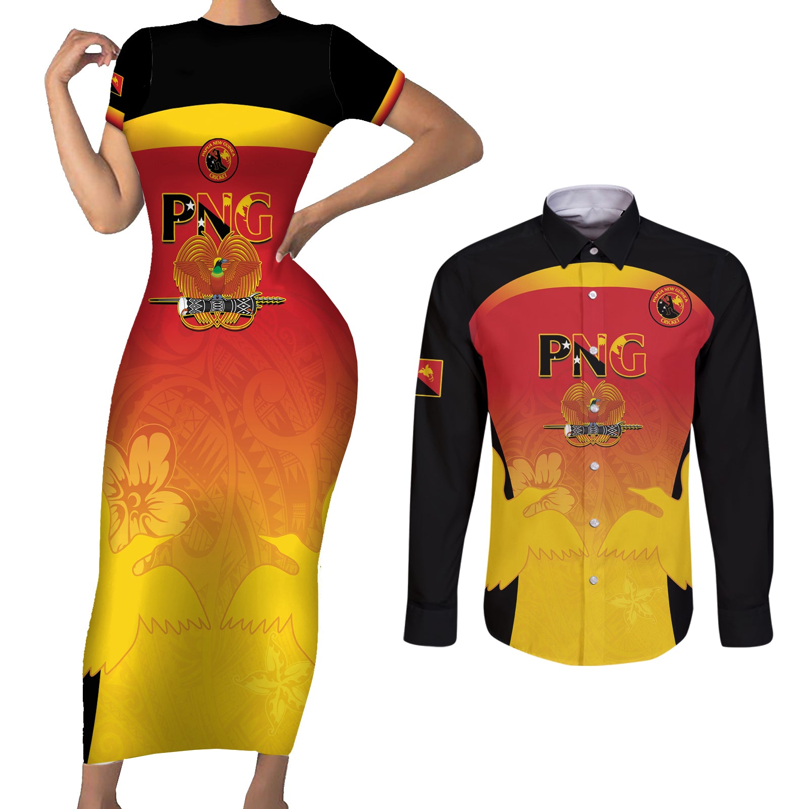 Custom Papua New Guinea Cricket Couples Matching Short Sleeve Bodycon Dress and Long Sleeve Button Shirt 2024 Go PNG