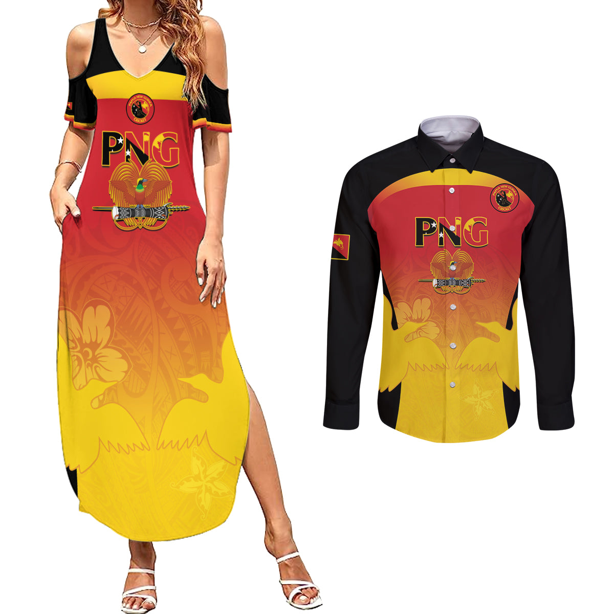 Custom Papua New Guinea Cricket Couples Matching Summer Maxi Dress and Long Sleeve Button Shirt 2024 Go PNG