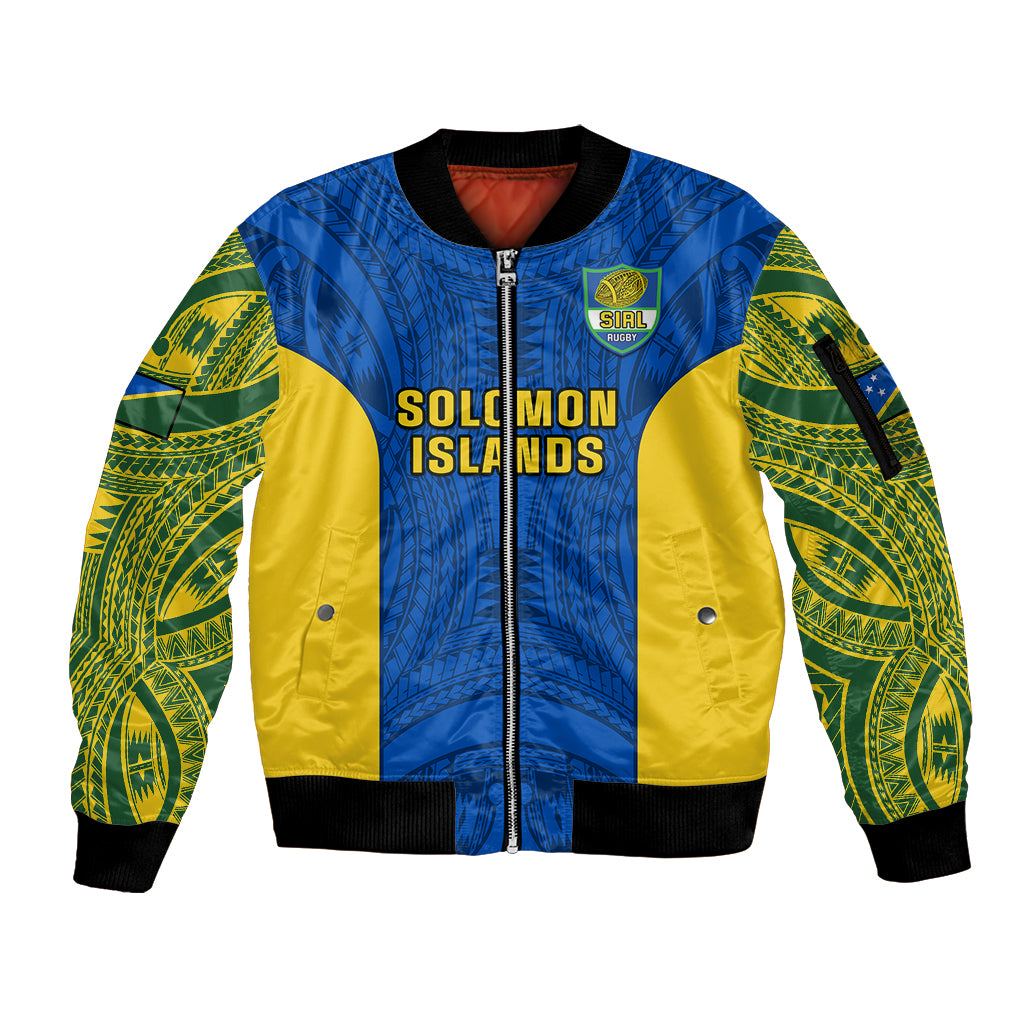 Personalised Solomon Islands Rugby Sleeve Zip Bomber Jacket Pacific Go Solies LT14 Unisex Blue - Polynesian Pride