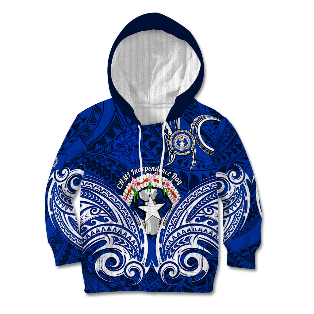Personalised Independence Day CNMI Kid Hoodie Northern Mariana Islands Tribal Tattoo Pattern LT14 Hoodie Blue - Polynesian Pride