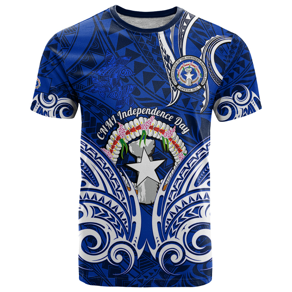 Custom Independence Day CNMI T Shirt Northern Mariana Islands Tribal Tattoo Pattern LT14 Blue - Polynesian Pride