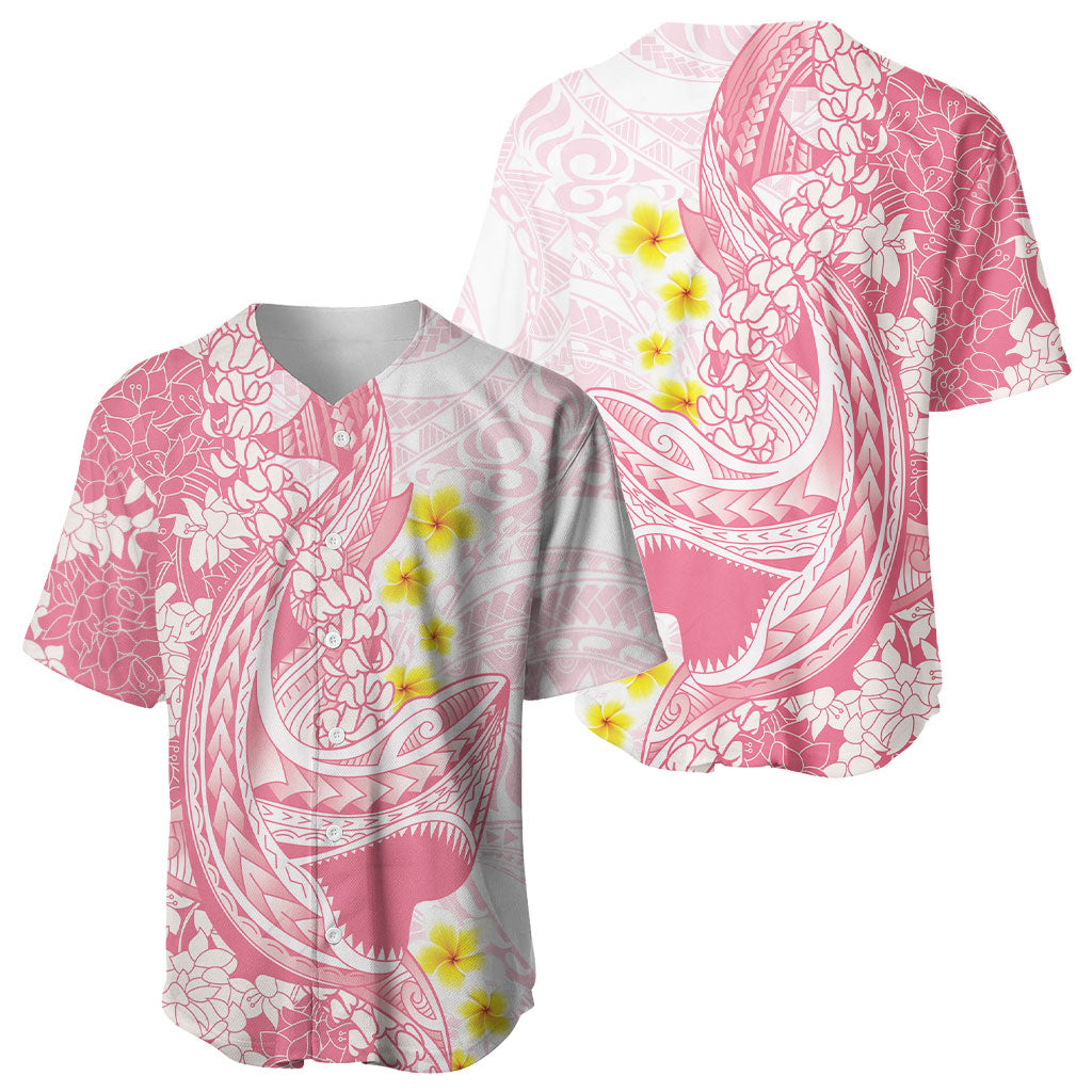 Pink Hawaii Shark Tattoo Baseball Jersey Puakenikeni Lei Plumeria Polynesian Pattern