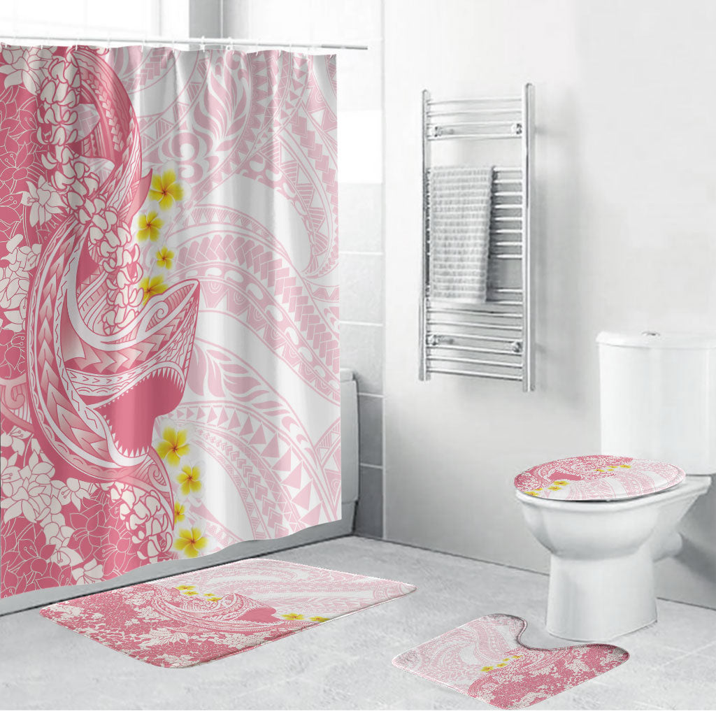 Pink Hawaii Shark Tattoo Bathroom Set Puakenikeni Lei Plumeria Polynesian Pattern