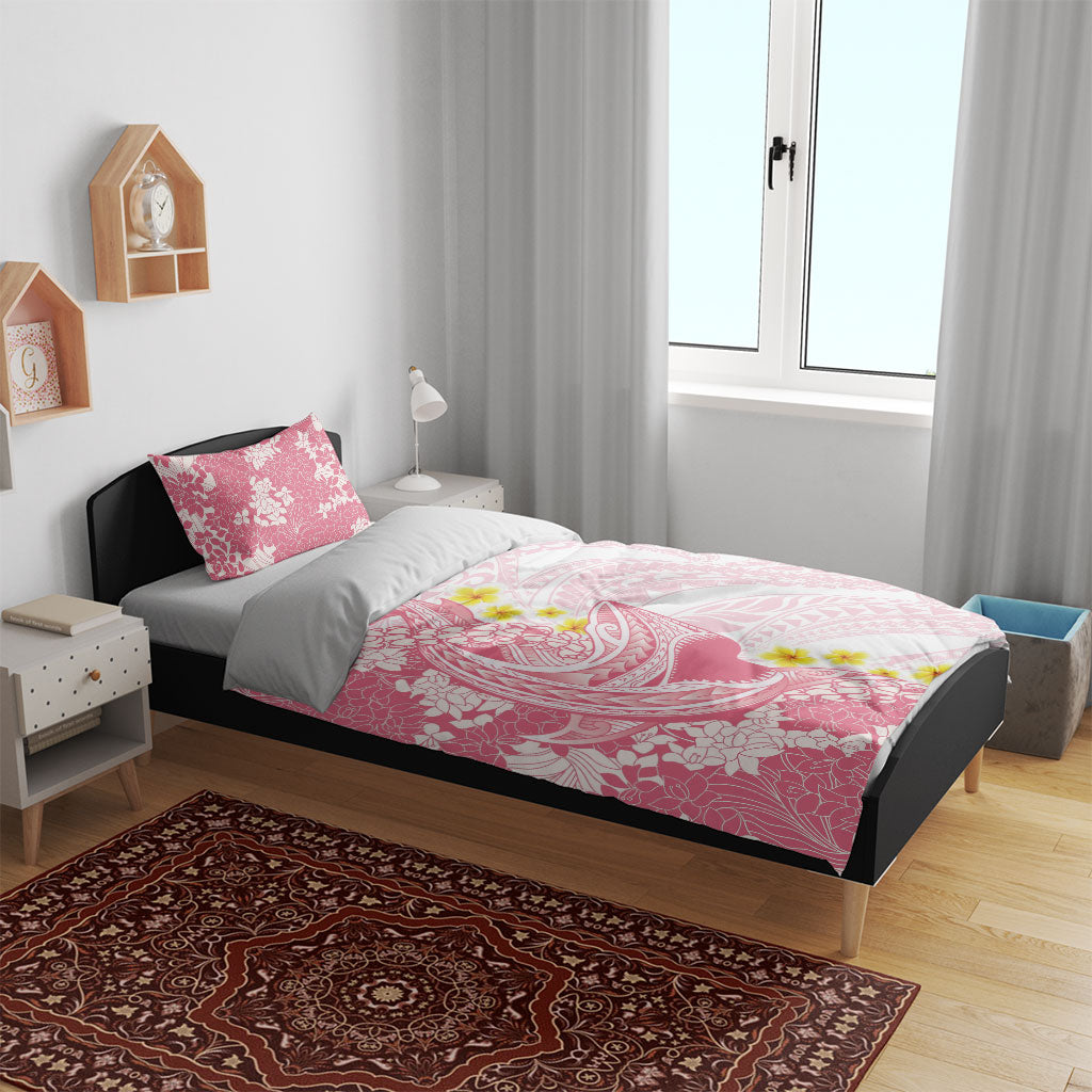 Pink Hawaii Shark Tattoo Bedding Set Puakenikeni Lei Plumeria Polynesian Pattern