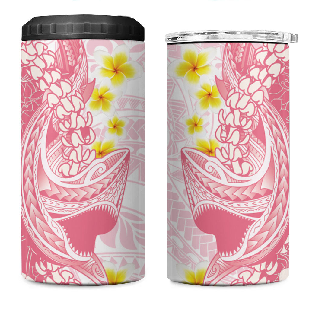 Pink Hawaii Shark Tattoo 4 in 1 Can Cooler Tumbler Puakenikeni Lei Plumeria Polynesian Pattern