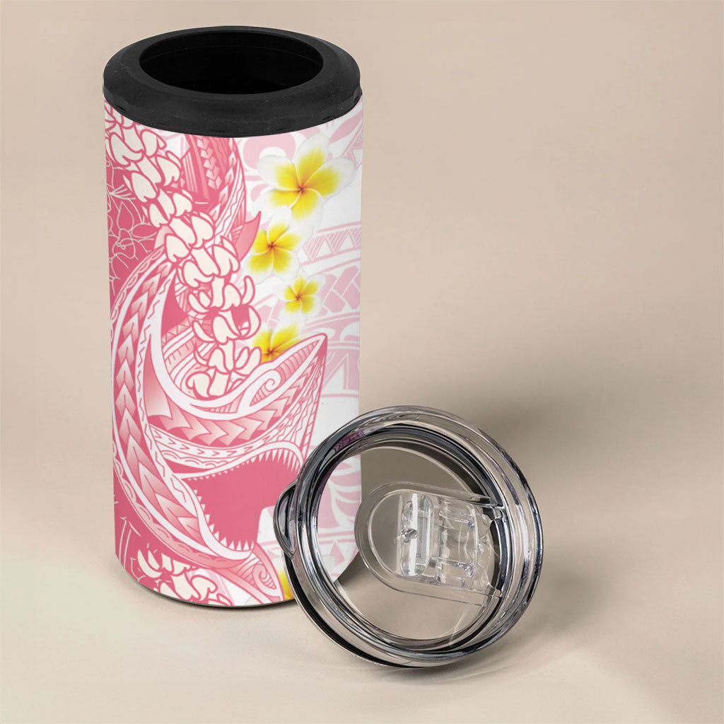 Pink Hawaii Shark Tattoo 4 in 1 Can Cooler Tumbler Puakenikeni Lei Plumeria Polynesian Pattern