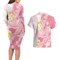 Pink Hawaii Shark Tattoo Couples Matching Long Sleeve Bodycon Dress and Hawaiian Shirt Puakenikeni Lei Plumeria Polynesian Pattern