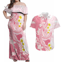 Pink Hawaii Shark Tattoo Couples Matching Off Shoulder Maxi Dress and Hawaiian Shirt Puakenikeni Lei Plumeria Polynesian Pattern