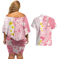Pink Hawaii Shark Tattoo Couples Matching Off Shoulder Short Dress and Hawaiian Shirt Puakenikeni Lei Plumeria Polynesian Pattern