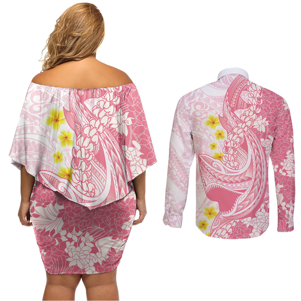 Pink Hawaii Shark Tattoo Couples Matching Off Shoulder Short Dress and Long Sleeve Button Shirt Puakenikeni Lei Plumeria Polynesian Pattern