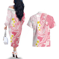 Pink Hawaii Shark Tattoo Couples Matching Off The Shoulder Long Sleeve Dress and Hawaiian Shirt Puakenikeni Lei Plumeria Polynesian Pattern