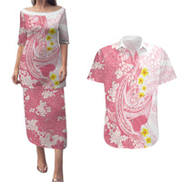 Pink Hawaii Shark Tattoo Couples Matching Puletasi and Hawaiian Shirt Puakenikeni Lei Plumeria Polynesian Pattern
