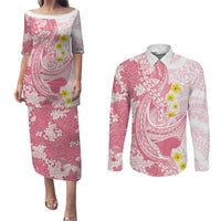 Pink Hawaii Shark Tattoo Couples Matching Puletasi and Long Sleeve Button Shirt Puakenikeni Lei Plumeria Polynesian Pattern