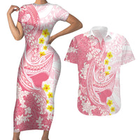 Pink Hawaii Shark Tattoo Couples Matching Short Sleeve Bodycon Dress and Hawaiian Shirt Puakenikeni Lei Plumeria Polynesian Pattern