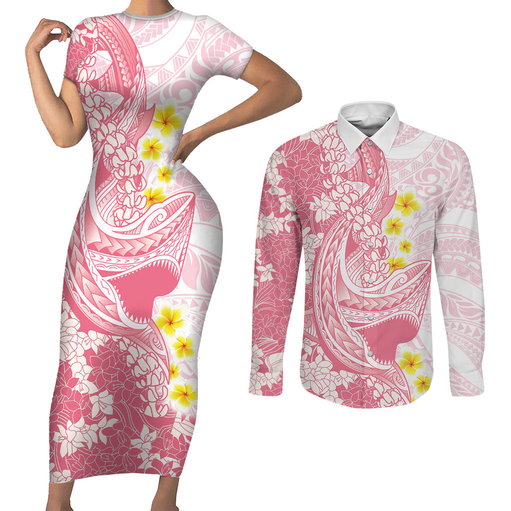Pink Hawaii Shark Tattoo Couples Matching Short Sleeve Bodycon Dress and Long Sleeve Button Shirt Puakenikeni Lei Plumeria Polynesian Pattern