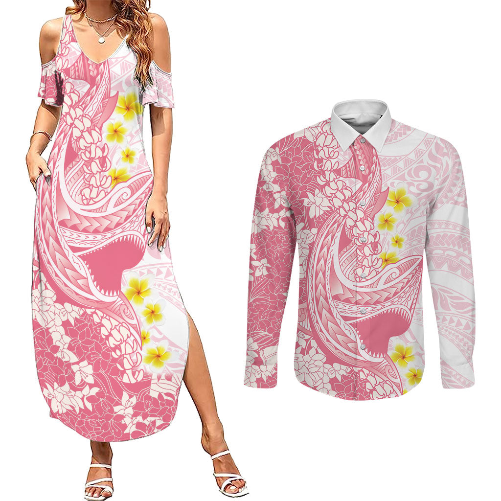 Pink Hawaii Shark Tattoo Couples Matching Summer Maxi Dress and Long Sleeve Button Shirt Puakenikeni Lei Plumeria Polynesian Pattern