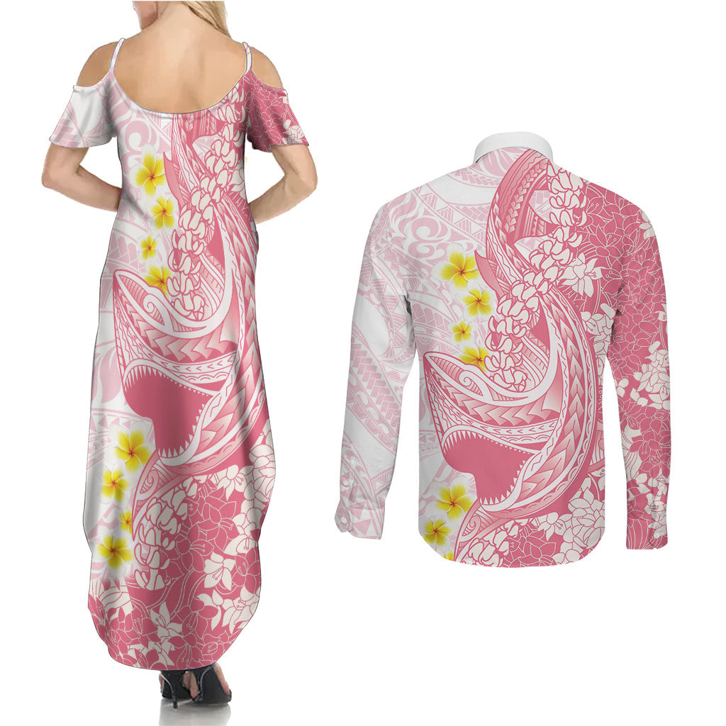 Pink Hawaii Shark Tattoo Couples Matching Summer Maxi Dress and Long Sleeve Button Shirt Puakenikeni Lei Plumeria Polynesian Pattern
