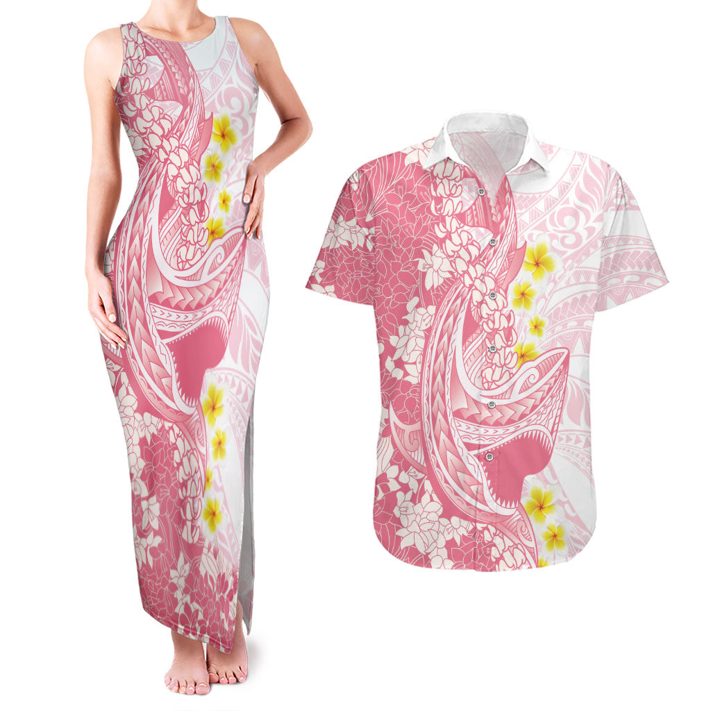 Pink Hawaii Shark Tattoo Couples Matching Tank Maxi Dress and Hawaiian Shirt Puakenikeni Lei Plumeria Polynesian Pattern