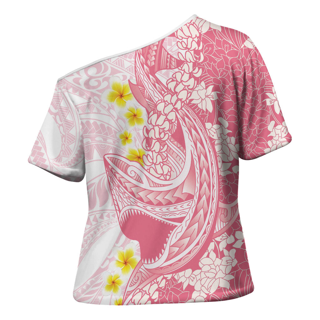 Pink Hawaii Shark Tattoo Cross Shoulder Shirt Puakenikeni Lei Plumeria Polynesian Pattern