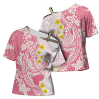 Pink Hawaii Shark Tattoo Cross Shoulder Shirt Puakenikeni Lei Plumeria Polynesian Pattern