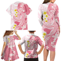 Pink Hawaii Shark Tattoo Family Matching Long Sleeve Bodycon Dress and Hawaiian Shirt Puakenikeni Lei Plumeria Polynesian Pattern
