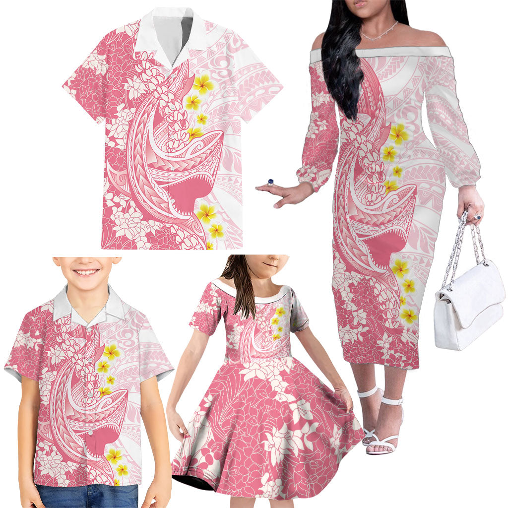 Pink Hawaii Shark Tattoo Family Matching Off The Shoulder Long Sleeve Dress and Hawaiian Shirt Puakenikeni Lei Plumeria Polynesian Pattern