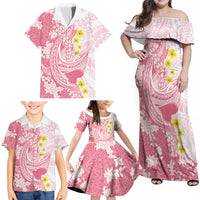 Pink Hawaii Shark Tattoo Family Matching Off Shoulder Maxi Dress and Hawaiian Shirt Puakenikeni Lei Plumeria Polynesian Pattern