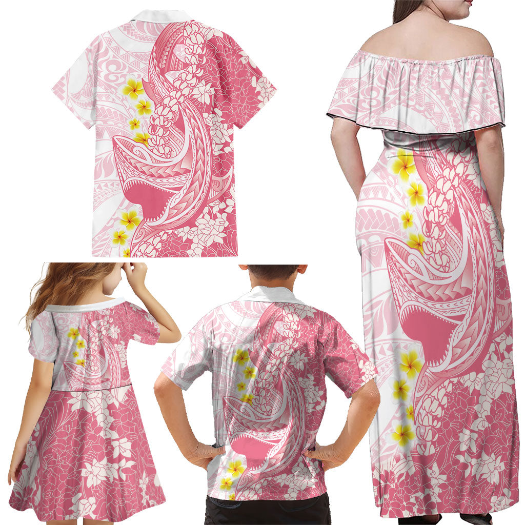 Pink Hawaii Shark Tattoo Family Matching Off Shoulder Maxi Dress and Hawaiian Shirt Puakenikeni Lei Plumeria Polynesian Pattern