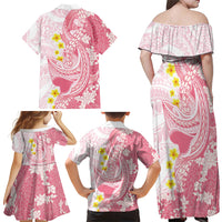 Pink Hawaii Shark Tattoo Family Matching Off Shoulder Maxi Dress and Hawaiian Shirt Puakenikeni Lei Plumeria Polynesian Pattern