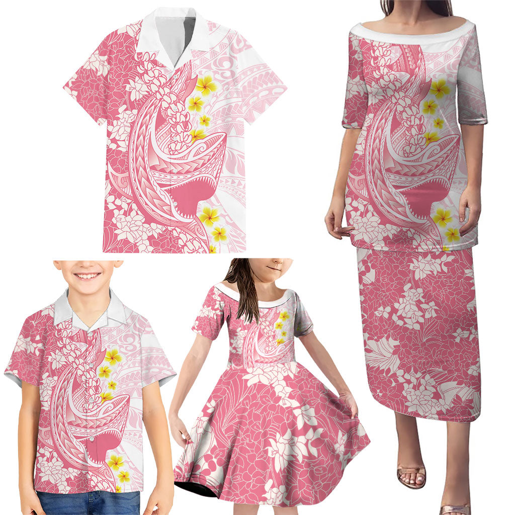 Pink Hawaii Shark Tattoo Family Matching Puletasi and Hawaiian Shirt Puakenikeni Lei Plumeria Polynesian Pattern