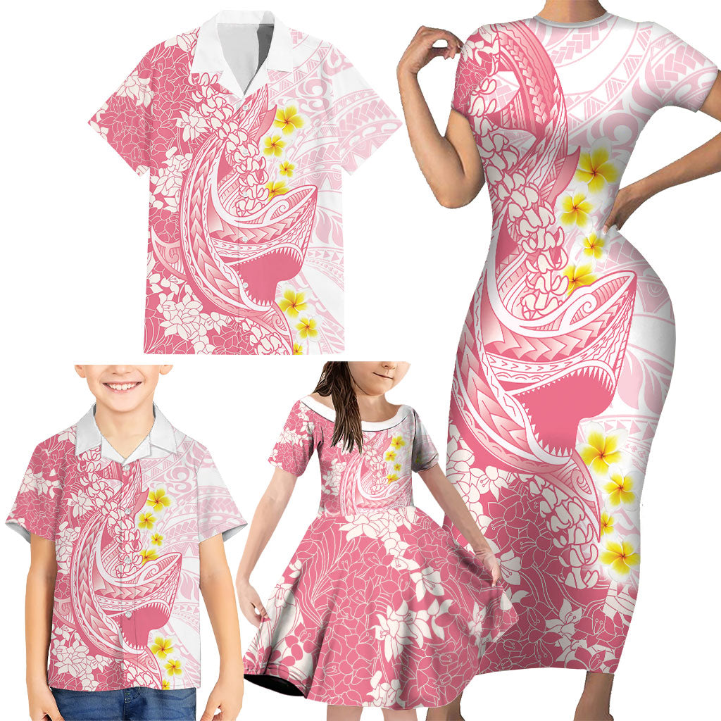 Pink Hawaii Shark Tattoo Family Matching Short Sleeve Bodycon Dress and Hawaiian Shirt Puakenikeni Lei Plumeria Polynesian Pattern LT14 - Polynesian Pride