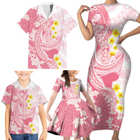 Pink Hawaii Shark Tattoo Family Matching Short Sleeve Bodycon Dress and Hawaiian Shirt Puakenikeni Lei Plumeria Polynesian Pattern LT14 - Polynesian Pride