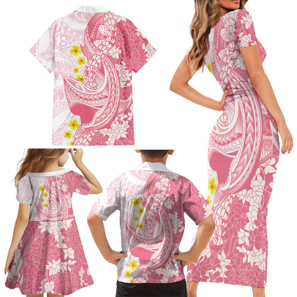 Pink Hawaii Shark Tattoo Family Matching Short Sleeve Bodycon Dress and Hawaiian Shirt Puakenikeni Lei Plumeria Polynesian Pattern LT14 - Polynesian Pride