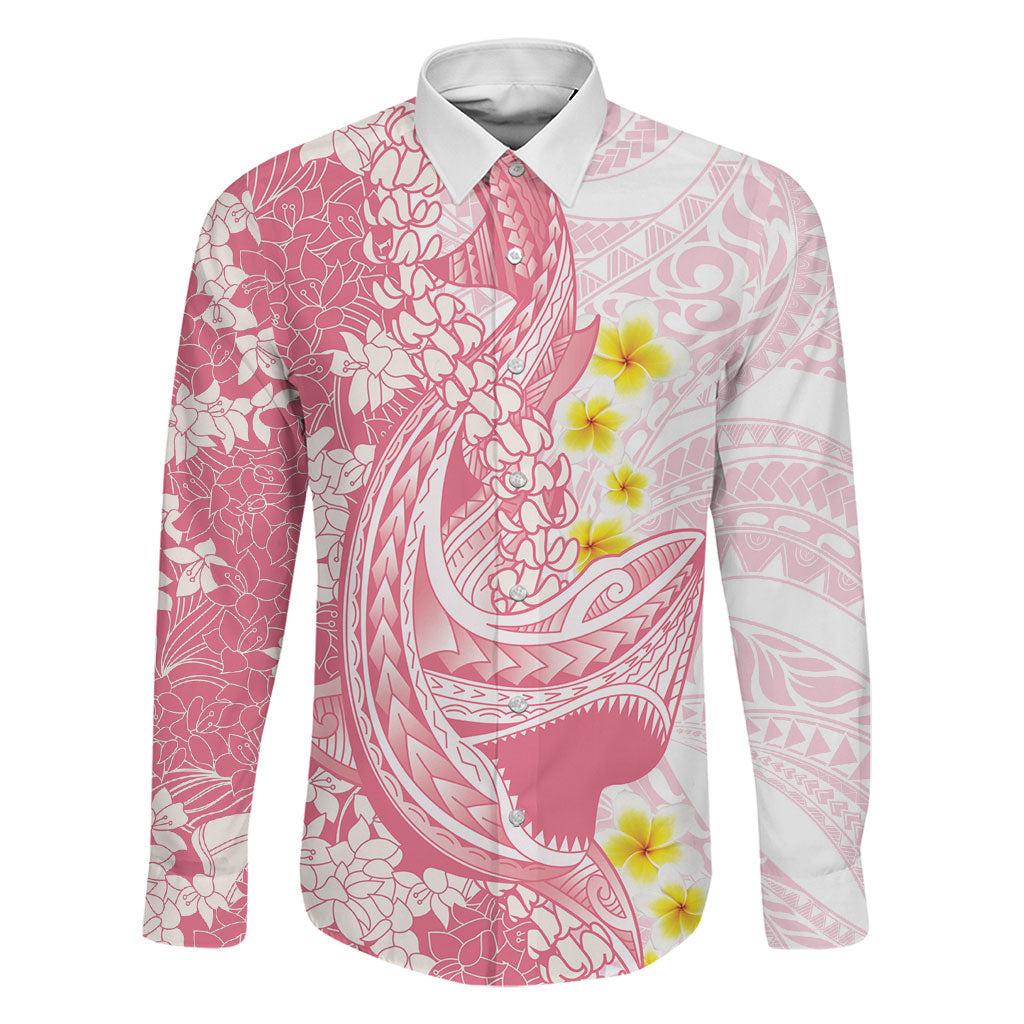 Pink Hawaii Shark Tattoo Family Matching Short Sleeve Bodycon Dress and Hawaiian Shirt Puakenikeni Lei Plumeria Polynesian Pattern LT14 Dad's Shirt - Long Sleeve Pink - Polynesian Pride