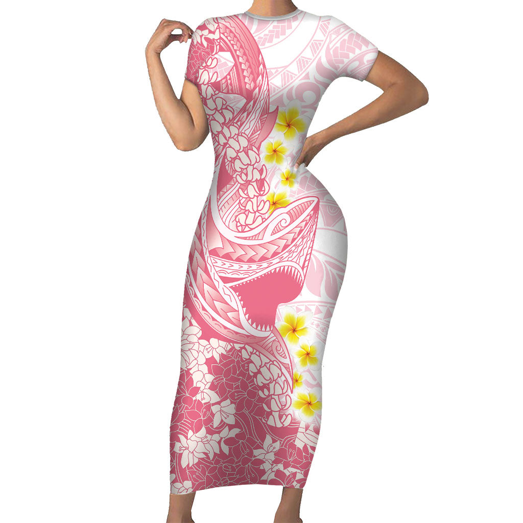 Pink Hawaii Shark Tattoo Family Matching Short Sleeve Bodycon Dress and Hawaiian Shirt Puakenikeni Lei Plumeria Polynesian Pattern LT14 Mom's Dress Pink - Polynesian Pride