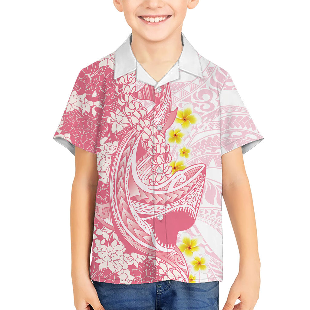 Pink Hawaii Shark Tattoo Family Matching Short Sleeve Bodycon Dress and Hawaiian Shirt Puakenikeni Lei Plumeria Polynesian Pattern LT14 Son's Shirt Pink - Polynesian Pride