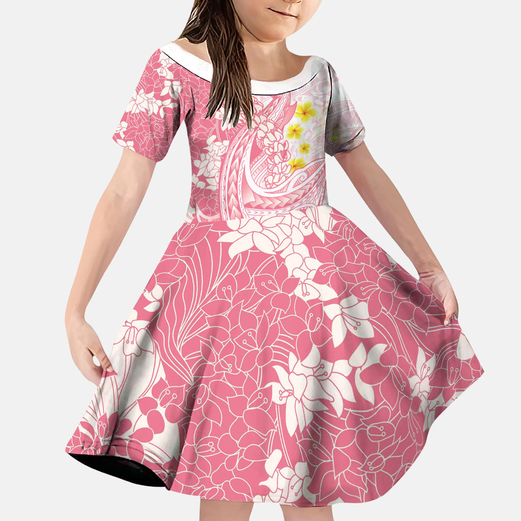 Pink Hawaii Shark Tattoo Family Matching Summer Maxi Dress and Hawaiian Shirt Puakenikeni Lei Plumeria Polynesian Pattern LT14 Daughter's Dress Pink - Polynesian Pride