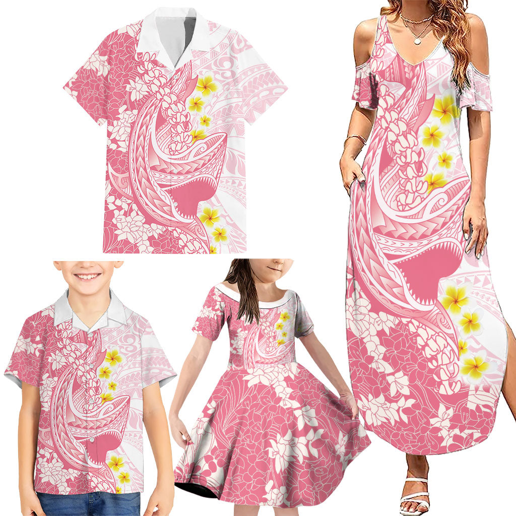 Pink Hawaii Shark Tattoo Family Matching Summer Maxi Dress and Hawaiian Shirt Puakenikeni Lei Plumeria Polynesian Pattern LT14 - Polynesian Pride