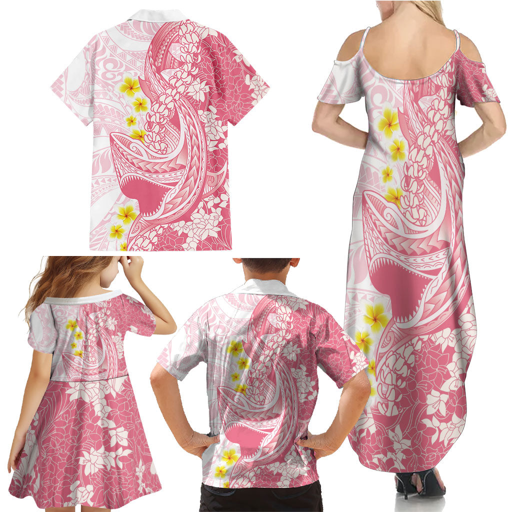 Pink Hawaii Shark Tattoo Family Matching Summer Maxi Dress and Hawaiian Shirt Puakenikeni Lei Plumeria Polynesian Pattern LT14 - Polynesian Pride